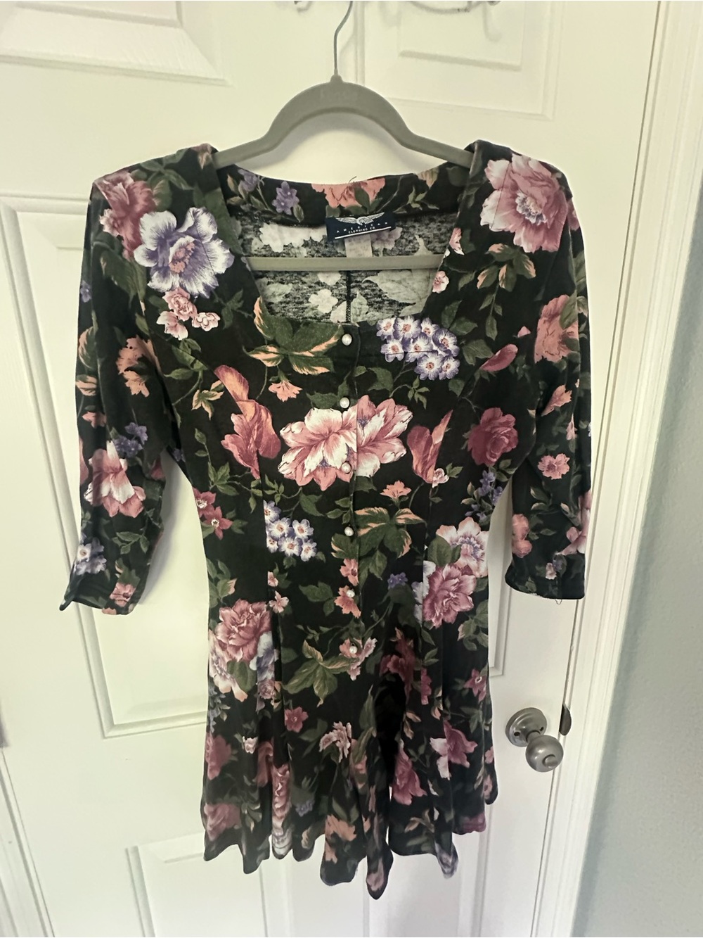 Vintage 90s floral skirt romper - Black with Pink & Purple Flowers